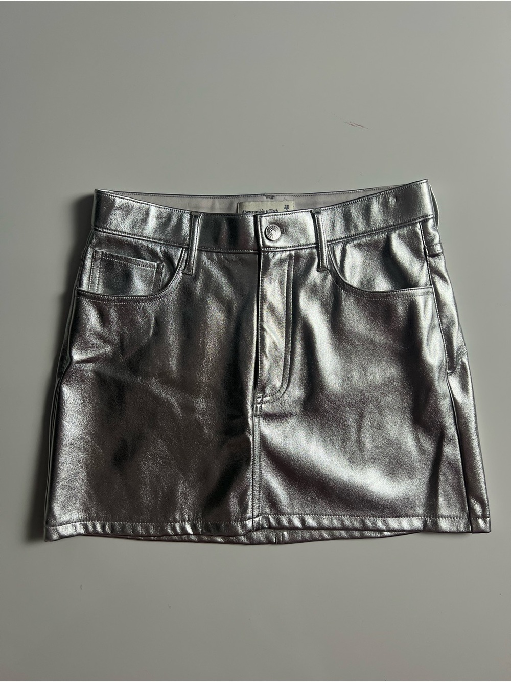 NWOT Abercrombie & Fitch Metallic Faux Leather Mini Skirt, Silver, Size 26/2
